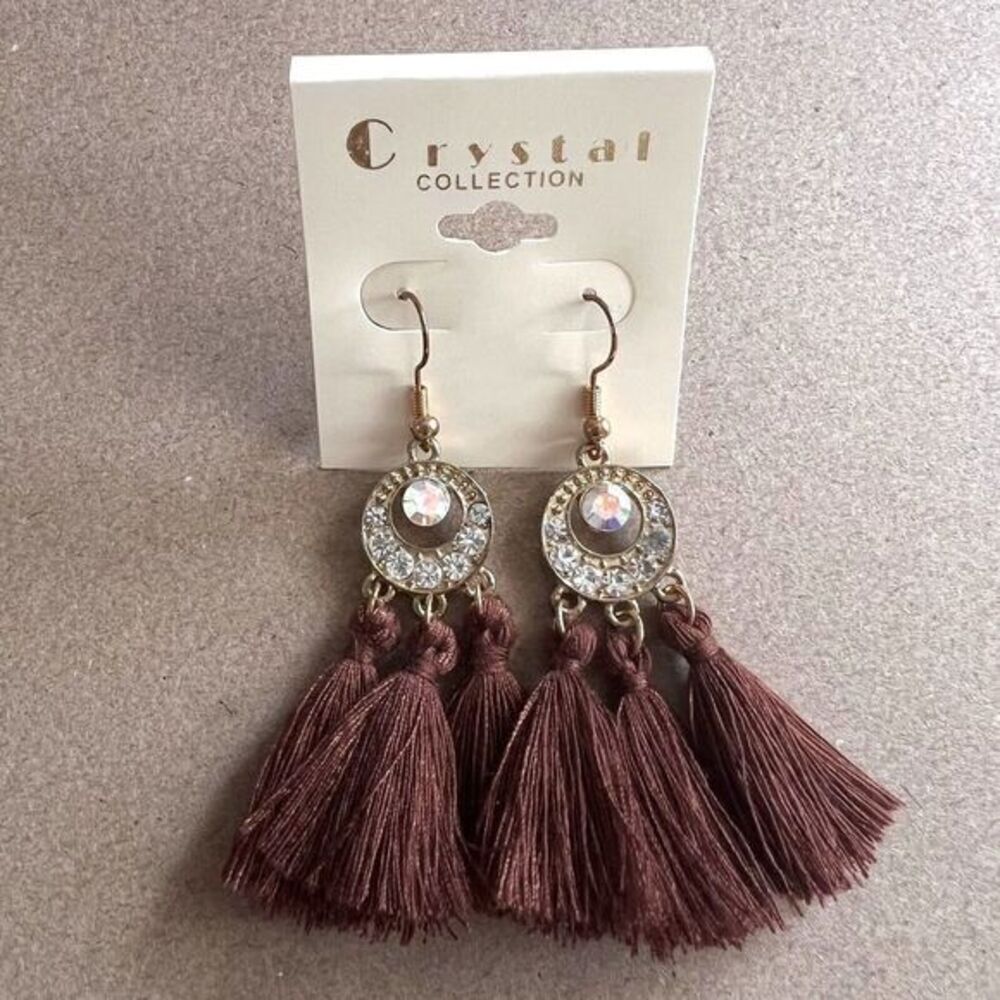 CRYSTAL COLLECTION Brown Tassel Earrings Bohemian Boho Drop Crystal Earrings - Picture 4 of 9
